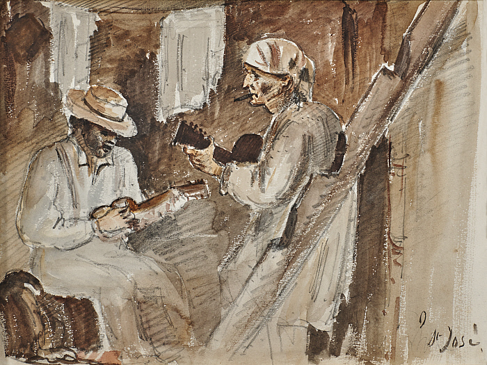 Two Figures Playing Guitars, San José (recto)